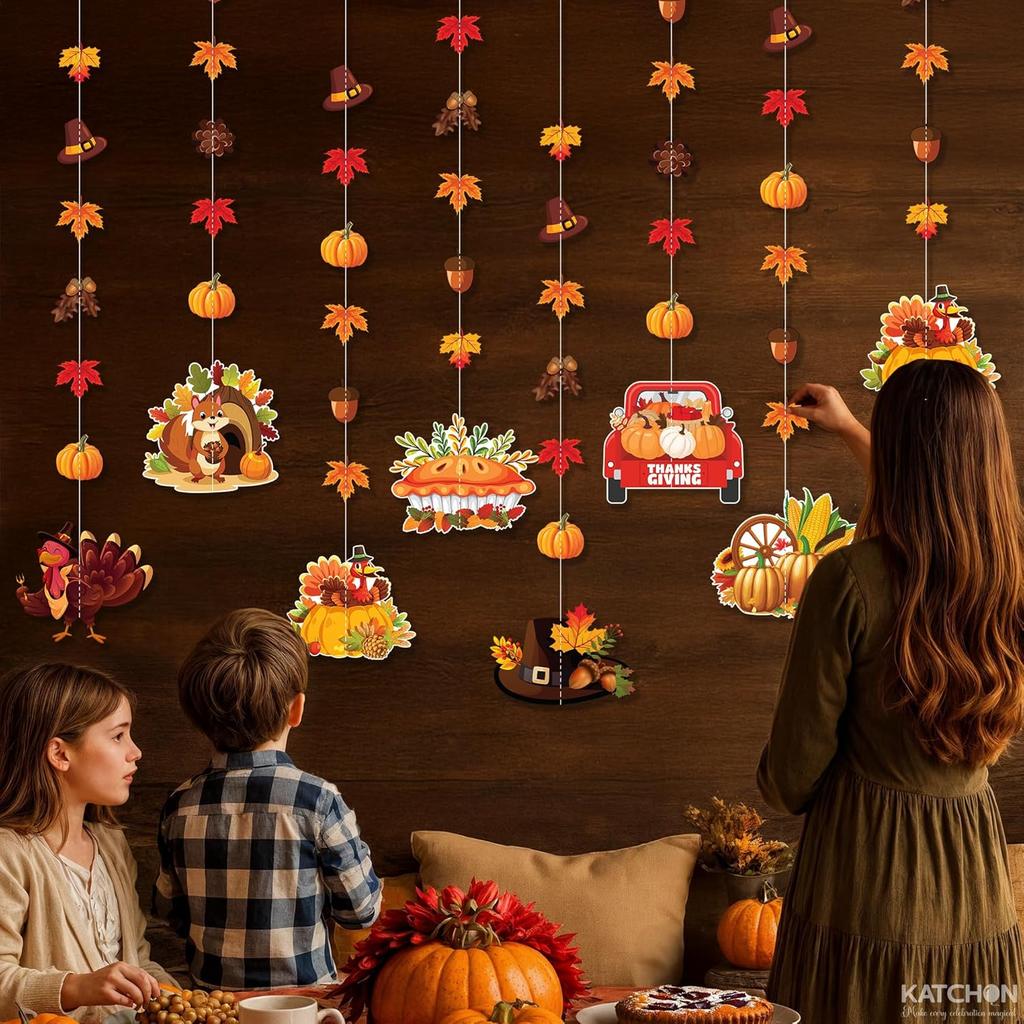 KatchOn, Happy Thanksgiving Hanging Garland - Pack of 8 | Fall Party Decorations, Thanksgiving Garland Ceiling Wall Hanging Decor for Home,
