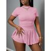 New Summer Elegant Women'S Ribbed Round Neck Short Sleeve Shirt + Skirt Set