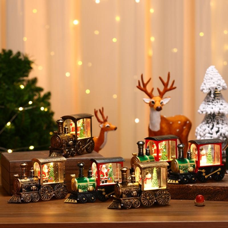 Festival Glowing Christmas Train Figurine Christmas Light Up Miniature Train Scene Ornament for Family Celebration