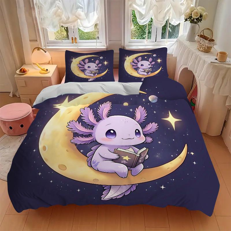 3pcs Cute Cartoon Purple Axolotl Printed Quilt Set - Soft and Comfortable Quilt Cover for Bedroom, Guest Room and Dormitory Decorative Beddi