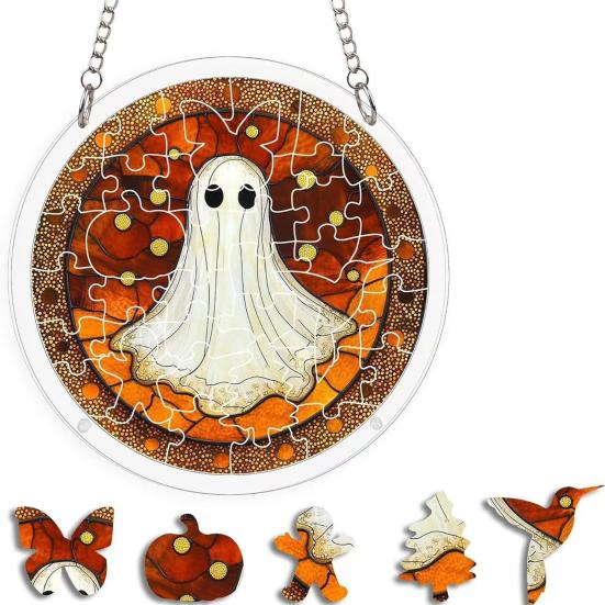 Halloween Acrylic Puzzle Decor, 2D Ghost Pumpkin Skeleton Hanging Sign, Faux Stained Glass Spooky Puzzle for Party Home Decor, Stress Relief Toy