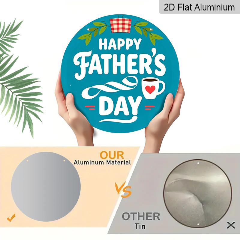 2D Flat, 1pc Round Aluminum "Happy Father's Day" Wall Decor, Retro Coffee & Plaid Pattern Metal Plaque, Waterproof & Rustproof, Perfect for Father's