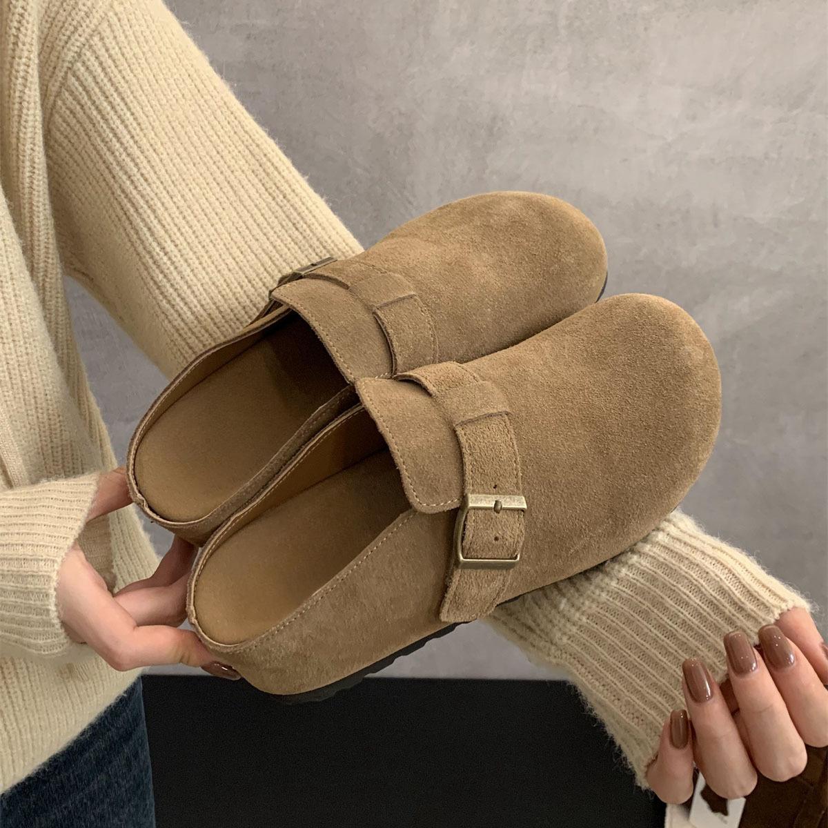 

5CM inner height increase for small people~ French Birkenstock shoes for women s spring and autumn new retro slope heel thick-soled half slippers for 35