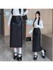 Elegant Women's Mid-Length Spliced Leather Skirt with Back Slit - High-Waist Autumn/Winter Pencil Skirt