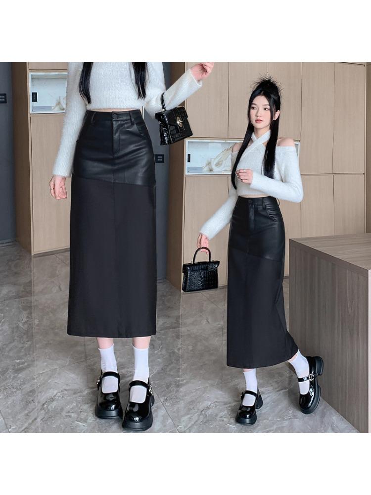 Elegant Women's Mid-Length Spliced Leather Skirt with Back Slit - High-Waist Autumn/Winter Pencil Skirt