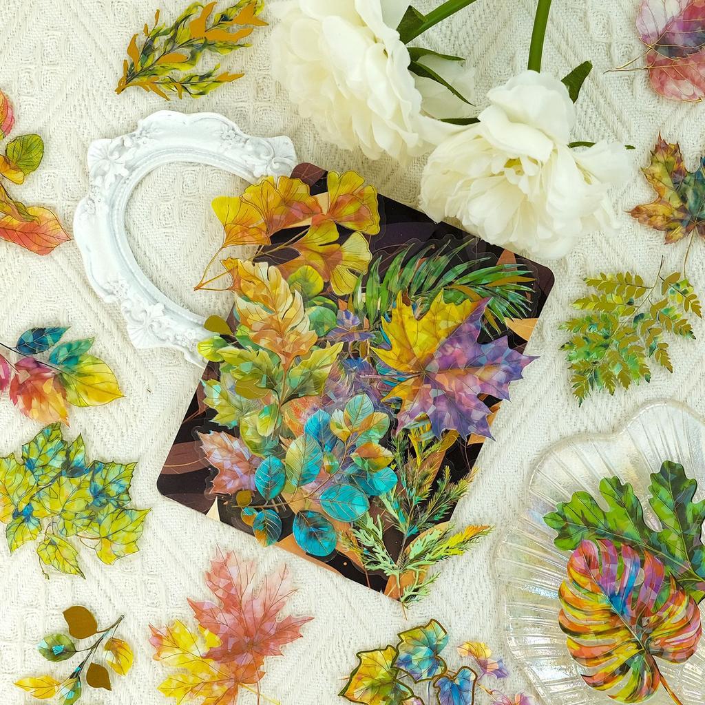 30 PET Leaves Three-dimensional Gold-plated Laser Stickers Ins Wind Plant Leaves Hand Tent Decoration Guka Waterproof