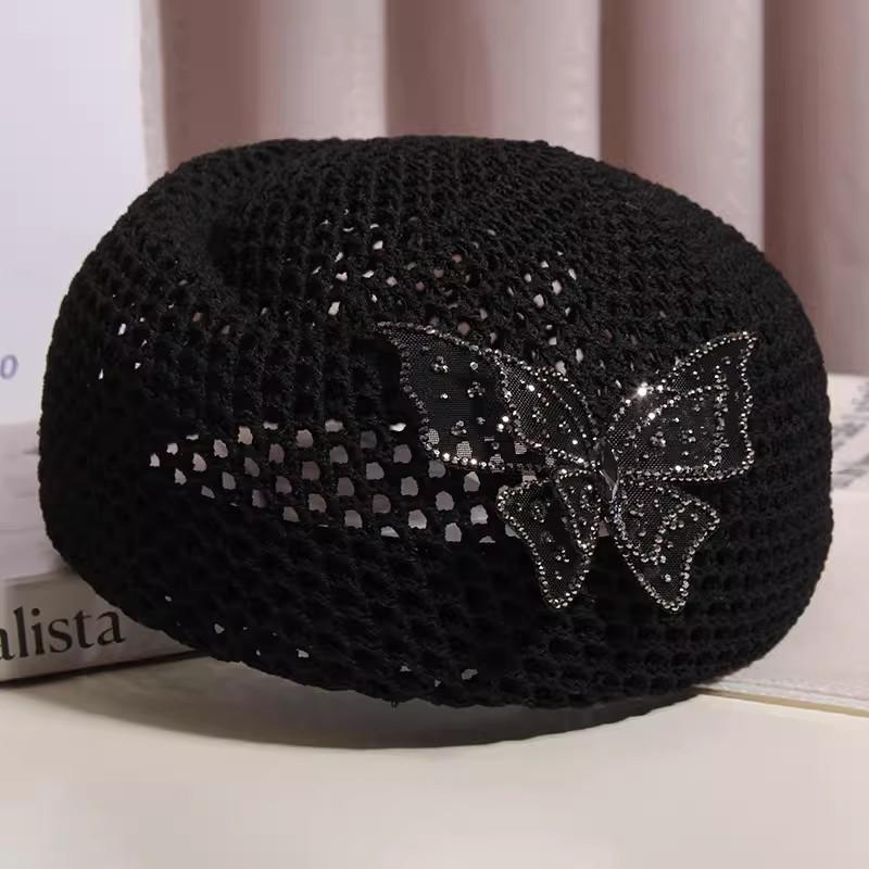 French Elegant Rhinestone Butterfly Hollow Beret Women's Summer Korean Style Versatile Painter Hat Fashion Accessory