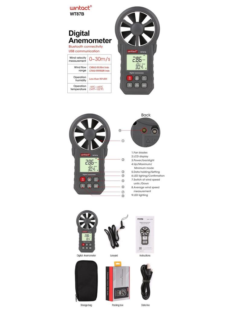 WT87A High-Precision Handheld Anemometer: Digital Wind Speed & Temperature Meter