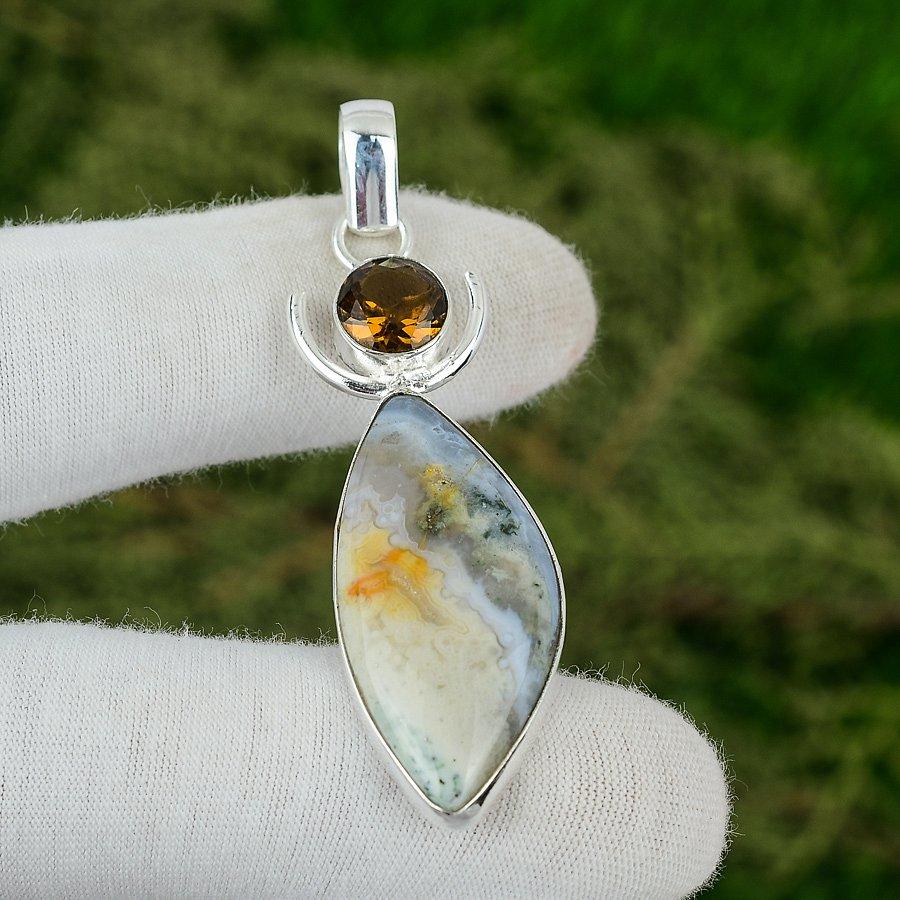Sisters Day Deal Natural Ocean Jasper Smoky Quartz Pendant Jewelry 925 Silver