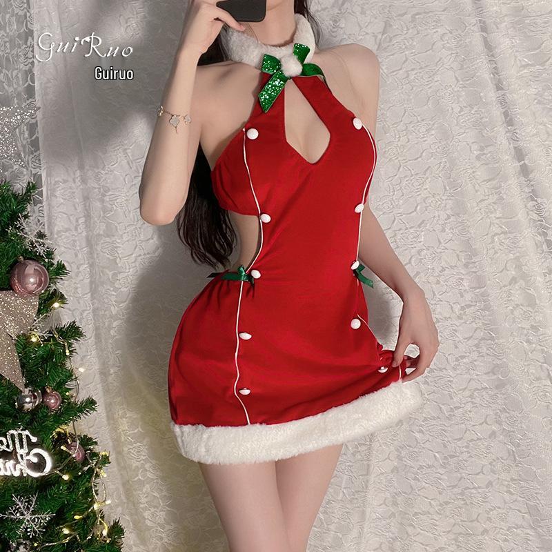 Rose Velvet Christmas Cutout Halter Lingerie Set for Women
