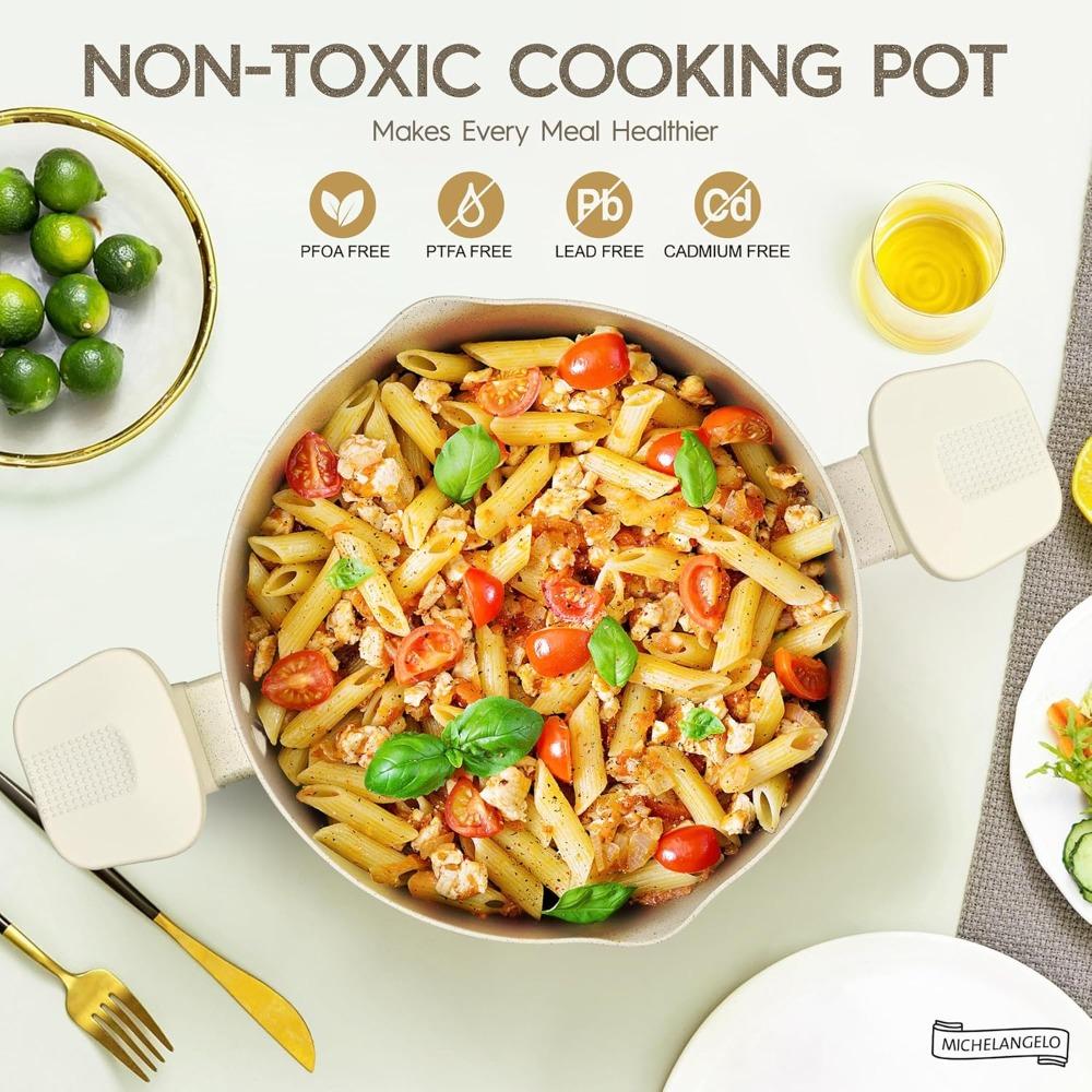 MICHELANGELO 6QT Granite Coating Nonstick Stock Pot with Lid Pasta Pot with Twist and Lock Handles Multipurpose Pot Cookware