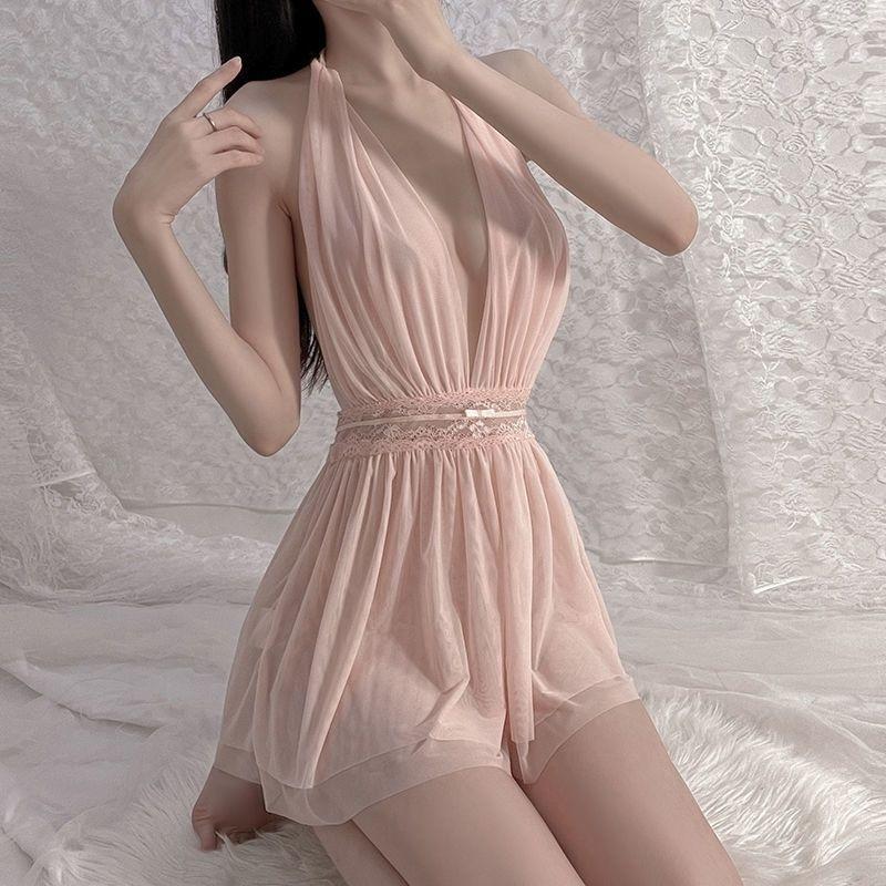 

Erotic Lingerie Deep V-neck Tops Women See-through Lingerie Sexy Women Pajamas V-neck Dresses 85-125 рожевий
