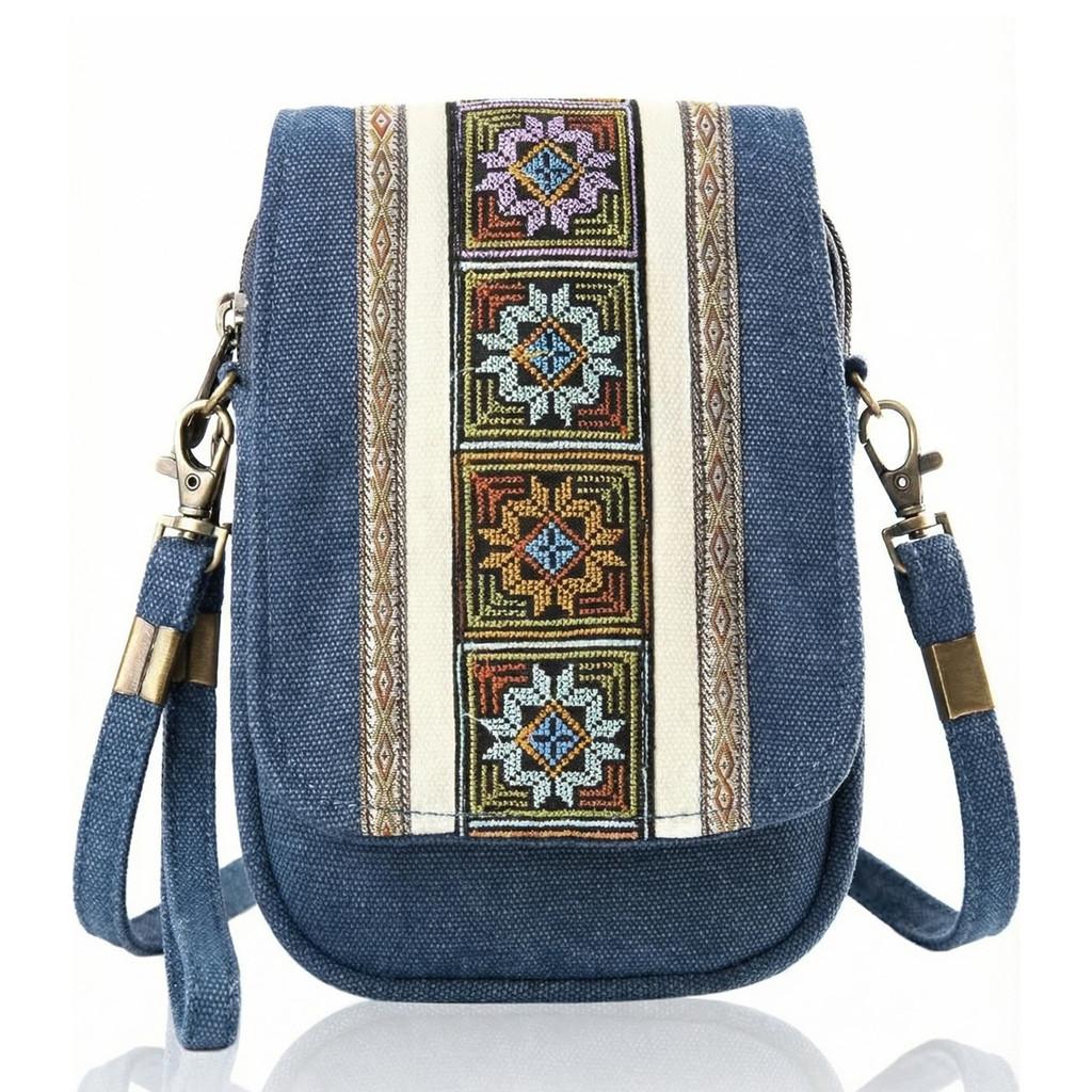 Ethnic Embroidered Canvas Phone Bag With Multiple Pockets For Daily Use