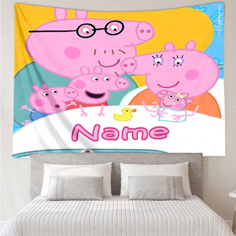 Custom Name Peppa Pig Print Tapestry, Backdrop, Easy Setup, Ideal for Bedroom, Office & Living Room, with Aesthetic Wall Hanging Decor.