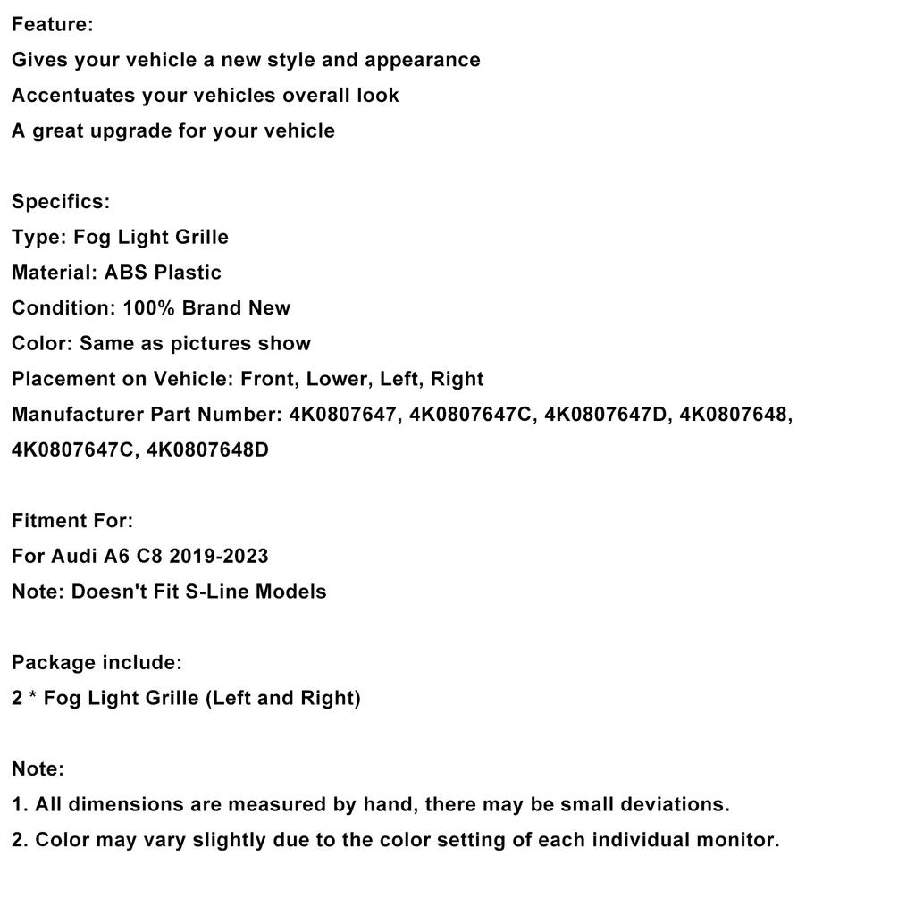 2PCS Front Bumper Grille Grill Fog Light Cover Fit A6 C8 2019-2023