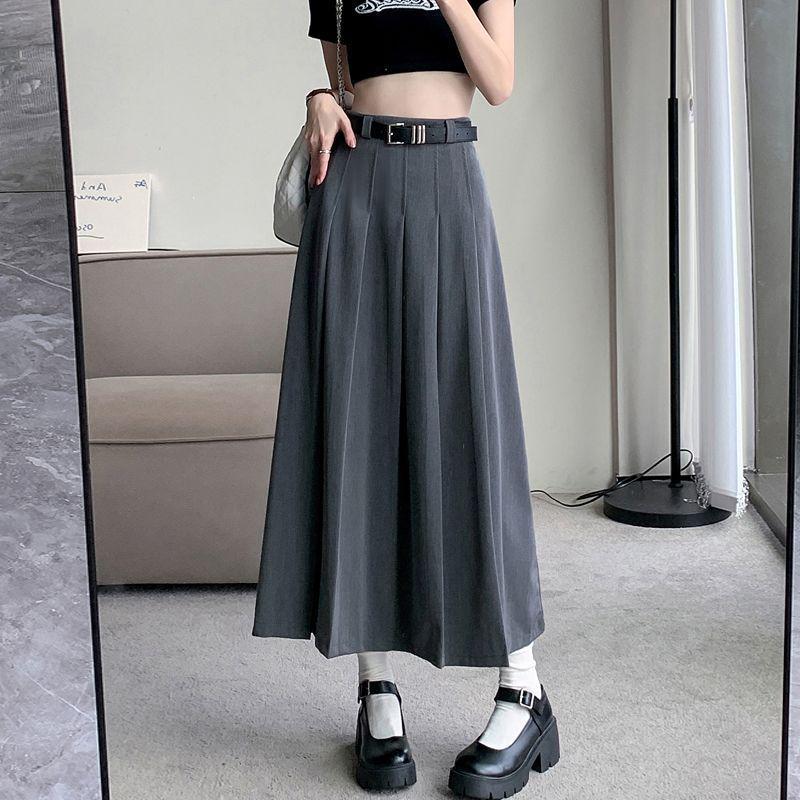 High-Grade Pleated Grey Skirt for Petite Women - High Waist, Mid-Length, Spring & Autumn 2025