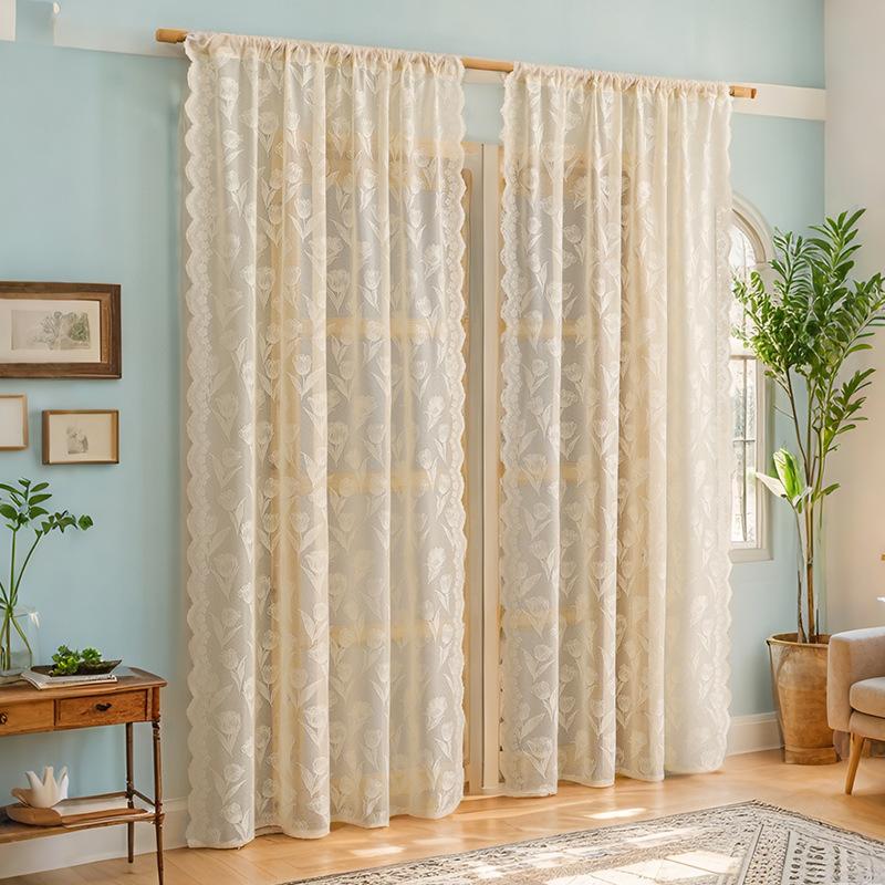 1 st Elegant Blommig Spetsgardin - Halvskir Vit Mesh, Ljusfiltrerande & Luftig Design för Uteplats, Barnrum, Vardagsrumsinredning