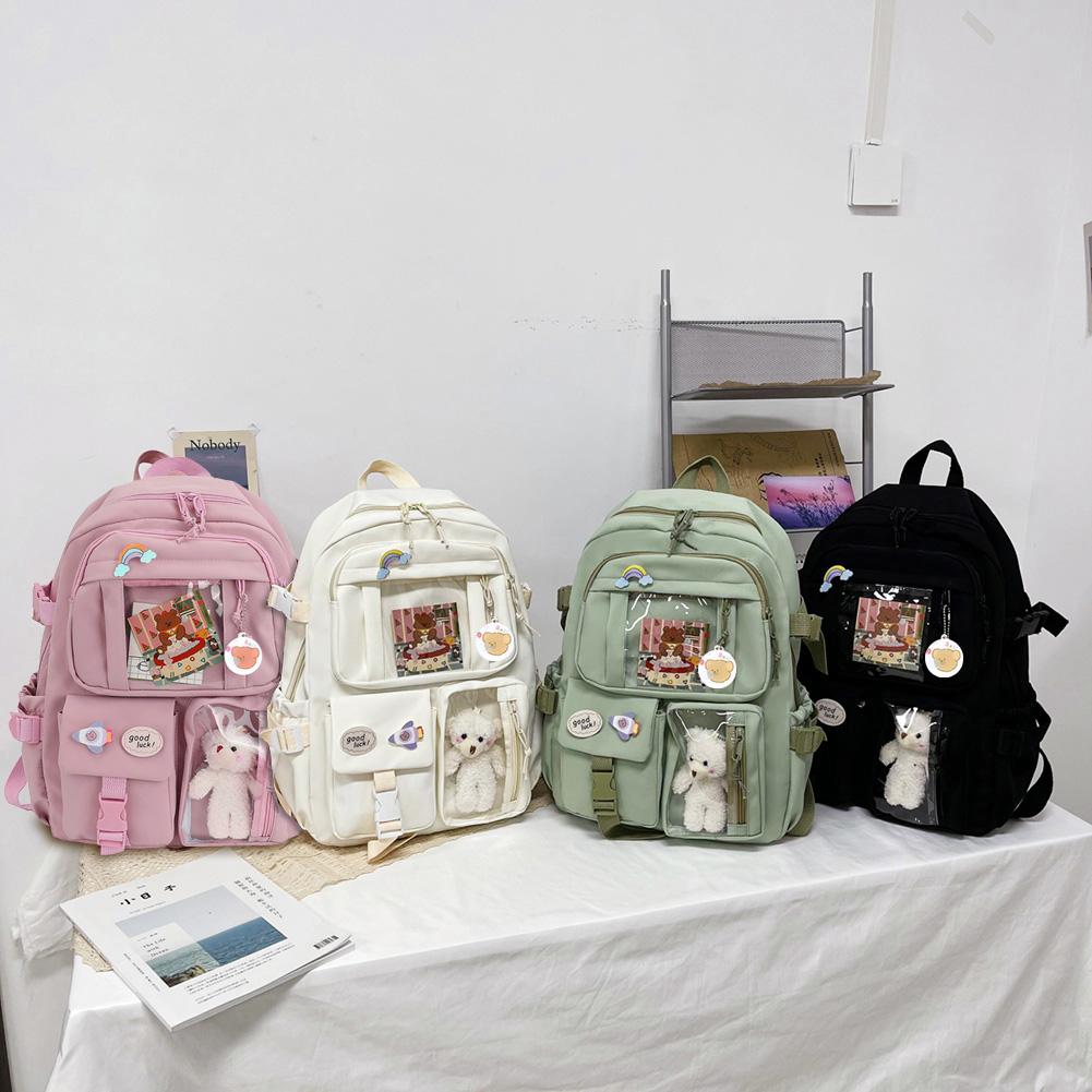 College Student Rucksack Fashion Travel Bookbags with Plush Pendant Pin Cute Kawaii Large Capacity Japanese Style for Teen Girls