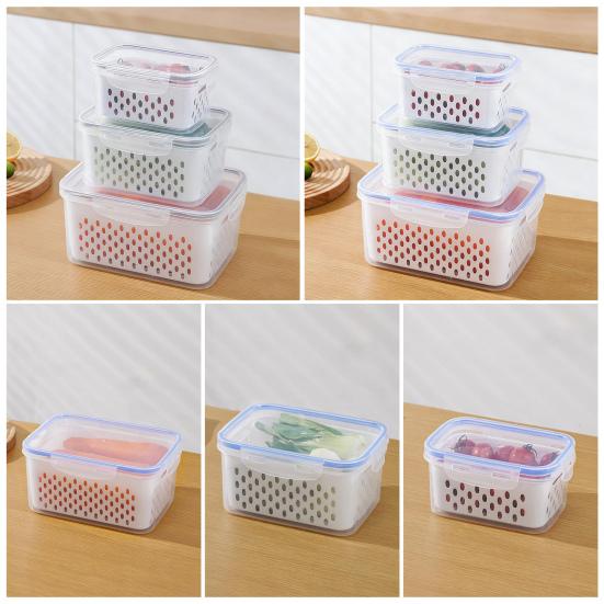 4-In-1 Fruit Vegetable Storage Container with Removable Filter Leak-Proof Airtight PP Storage Box for Washing Draining Stackable Food Organizer