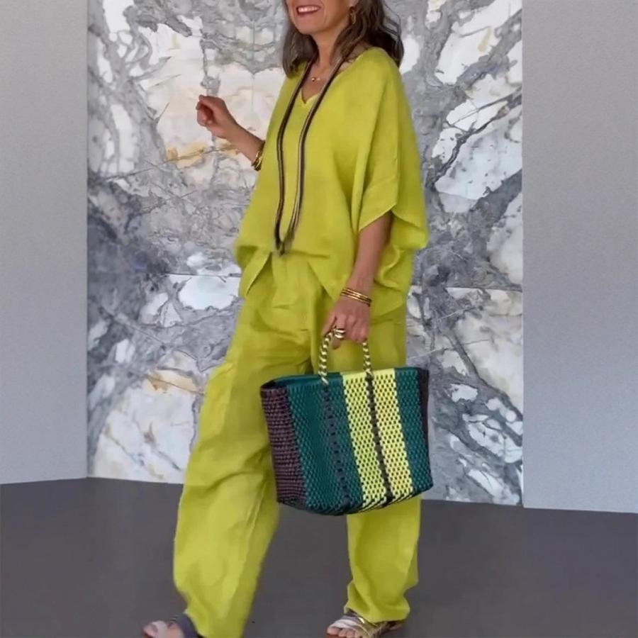 New Women's Casual V-Neck Loose Pocket Sleeveless Cotton Linen Set