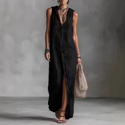 Rochie Maxi de Vară pentru Femei din Bumbac și In cu Glugă, Fără Mâneci, cu Nasturi, Croială Largă, Casual, Rochie Cămașă la Modă pentru Purtare Zilnică și Vacanță
