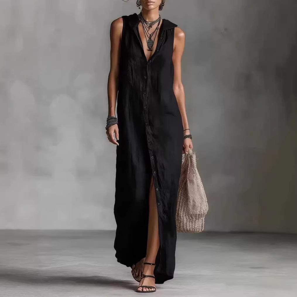 Women's Summer Cotton Linen Maxi Dress Hooded Collar Sleeveless Button Down Loose Casual Fashion Shirt Dress for Daily Vacation Wear
