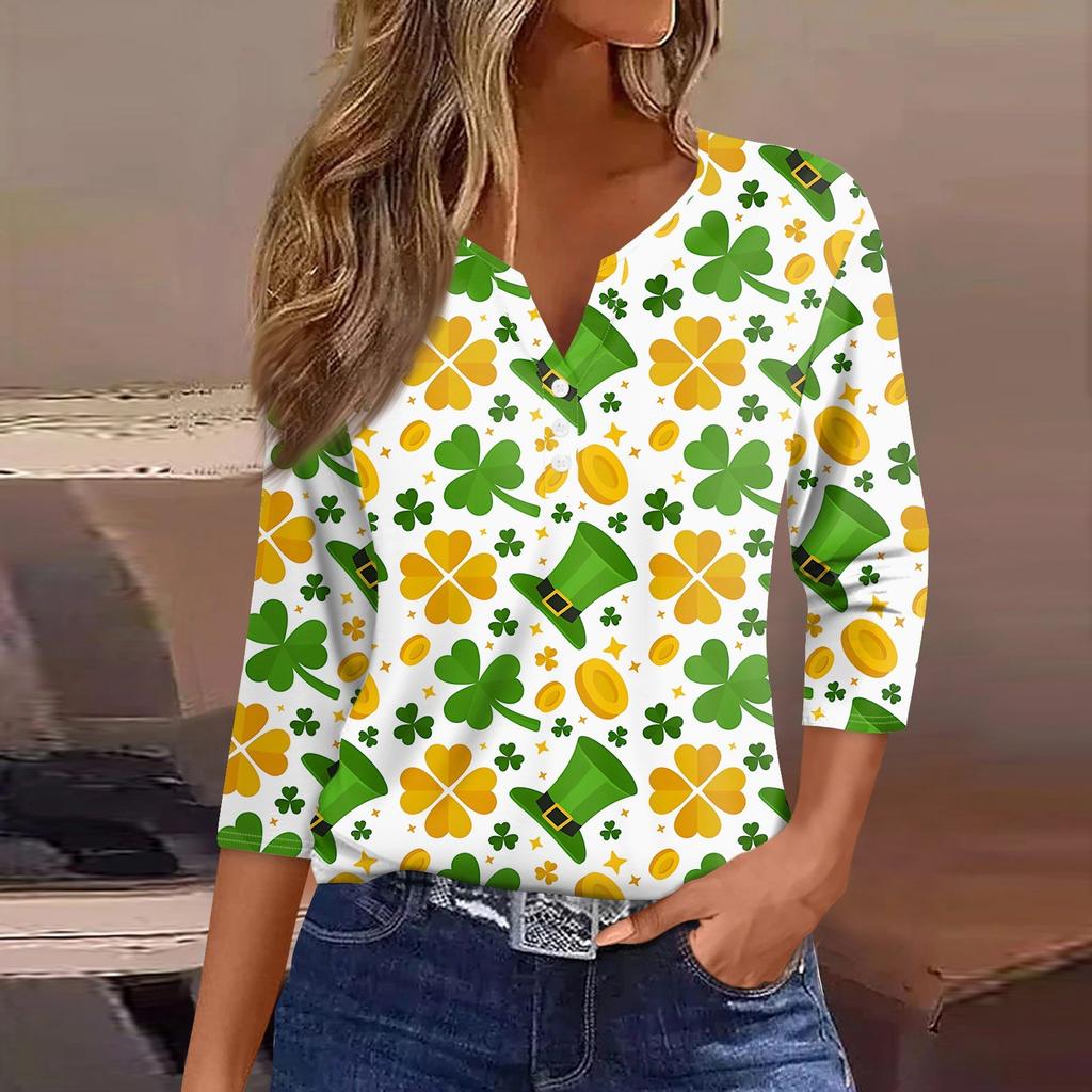 Damen T-Shirt mit Aufdruck „Saint Patrick's Day“ und Knopfleiste, 3/4-Ärmel, für den Alltag und das Wochenende, modisch, Basic, V-Ausschnitt, normales Oberteil