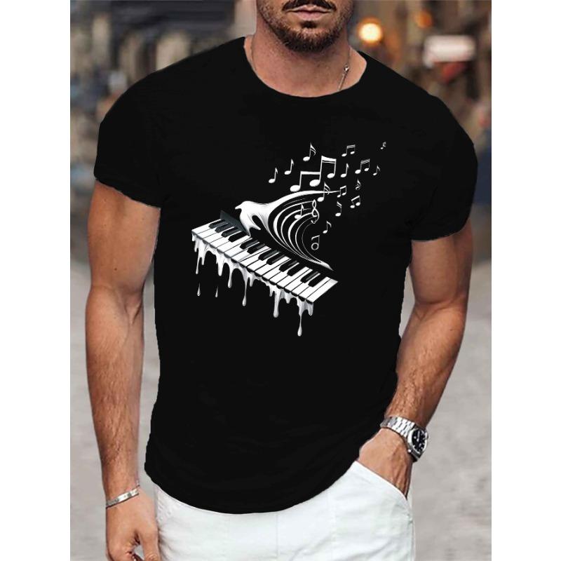 European Size T-Shirt Featuring a Melting Piano Keyboard Design, Perfect for Men, Ideal for Casual Summer Wear with Short Sleeves.