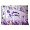 2D Purple Butterfly Happy Birthday Backdrop Banner with Roses & Flowers