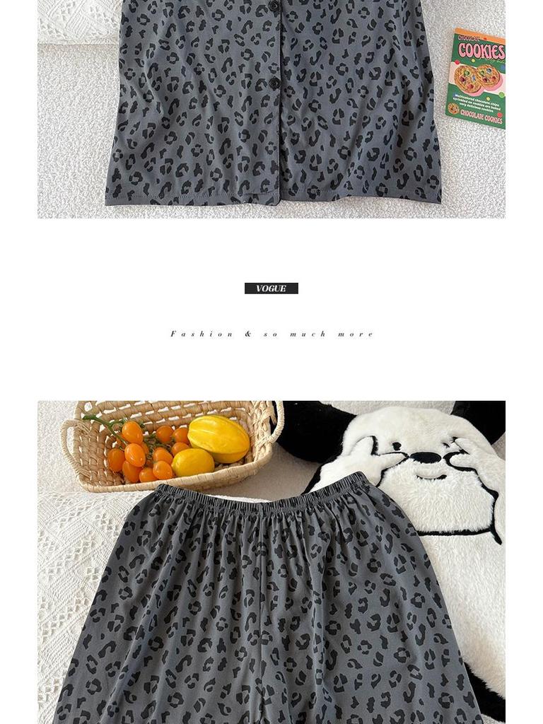 Schickes Pyjama-Set mit Leopardenmuster: Damen Kurzarm Sommer Dreiteilige Homewear