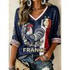 Women's France Football Rooster Floral Art Flag Glitter Print Mid-length Sleeves V-Neck T-Shirt Football Cultural T-Shirt