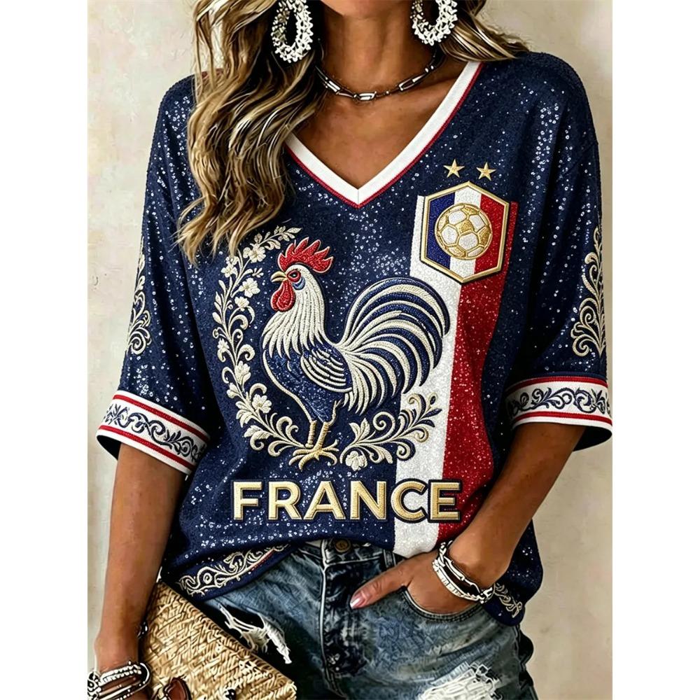 Women's France Football Rooster Floral Art Flag Glitter Print Mid-length Sleeves V-Neck T-Shirt Football Cultural T-Shirt