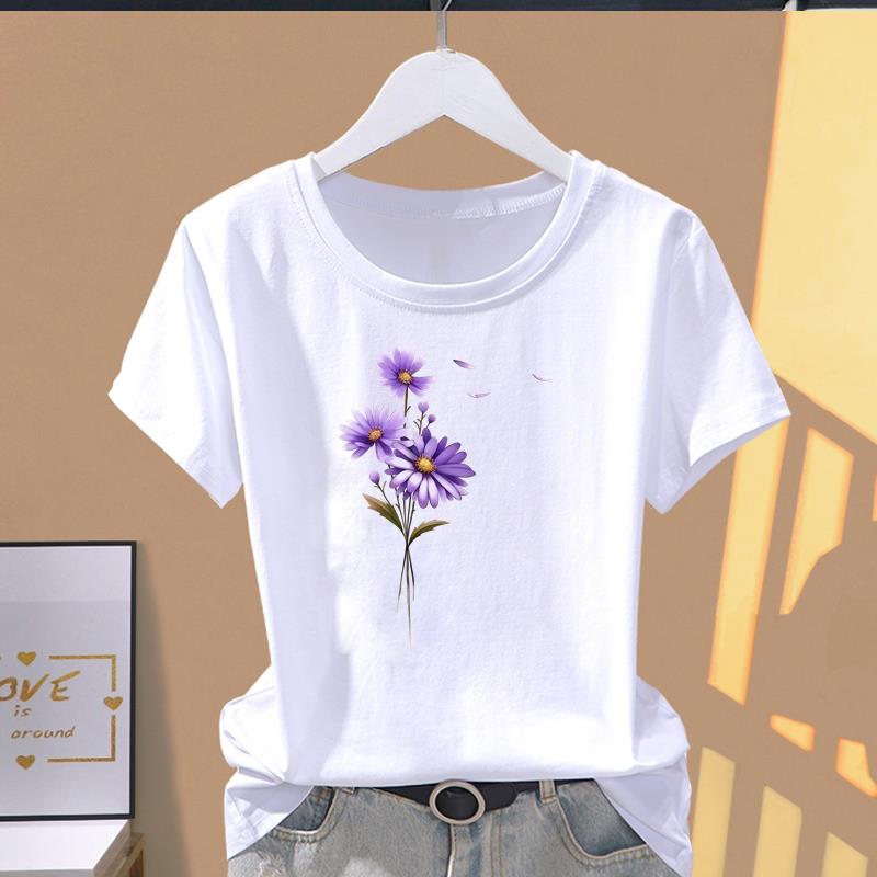 (Asian Size) sweet flower style T-shirts Female Casual Short Sleeve O-neck Fashion Graphic Tee Print Women's Top T Clothing