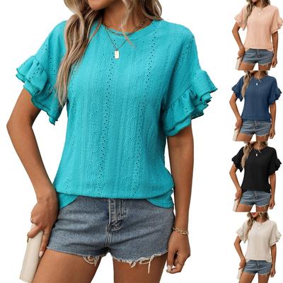 Women's Fashionable Solid Color Round Neck Ruffled Pullover Short Sleeved T-shirt Top