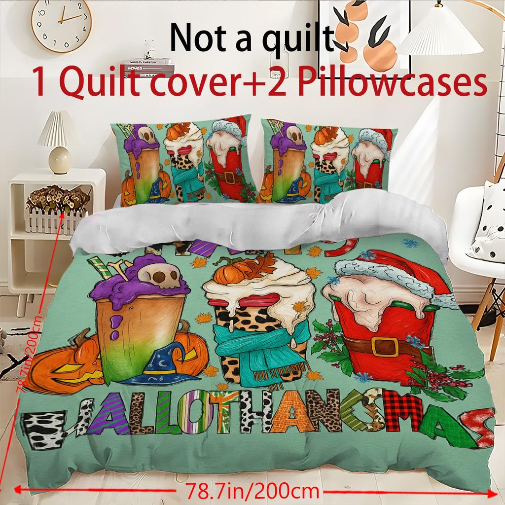 Duvet Cover Printed With Christmas Decoration Super Soft Brushed Microfiber Double Bed Comfortable Set With Zipper Closure And 2 Pillowcases