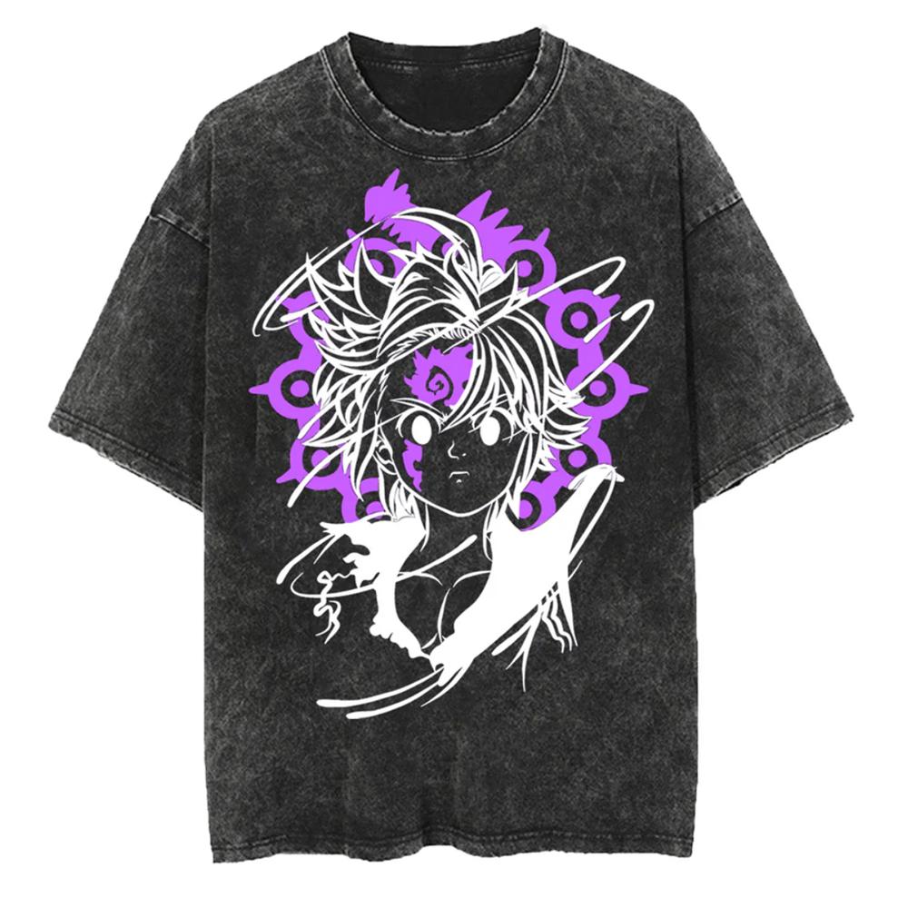 The Seven Deadly Sins Graphic T Shirt Escanor Print Tshirt Vintage Washed Streetwear Men Women Clothes Pure Cotton Loose Tees