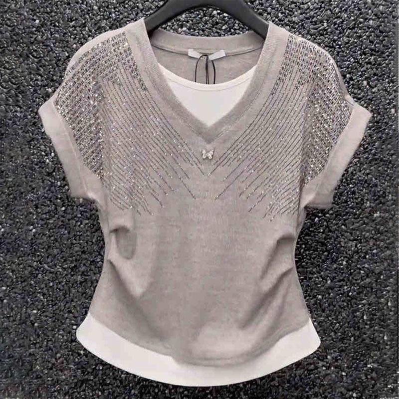 

Women Casual V Neck Fake Two Piece Rhinestone Knit Short Sleeve Top S сірий