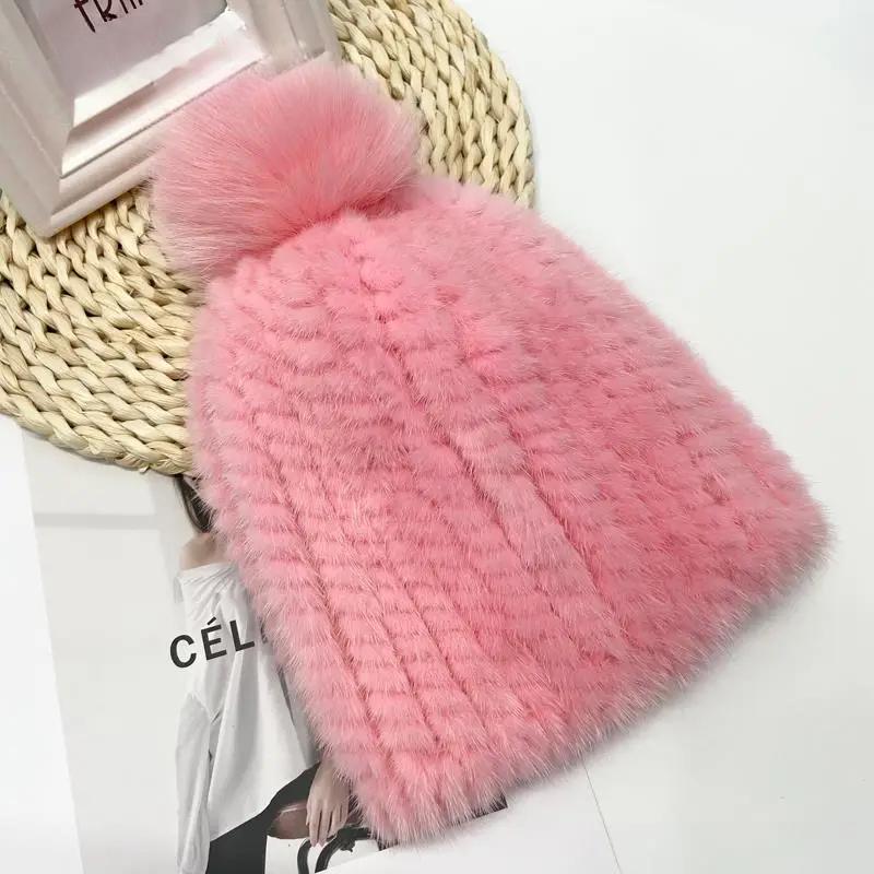 New Girls Boys Winter Hat Real Mink Fur Knitted Fox Fur Pompom Warm Hats Elastic High Quality Kids Outdoor Beanie Hats