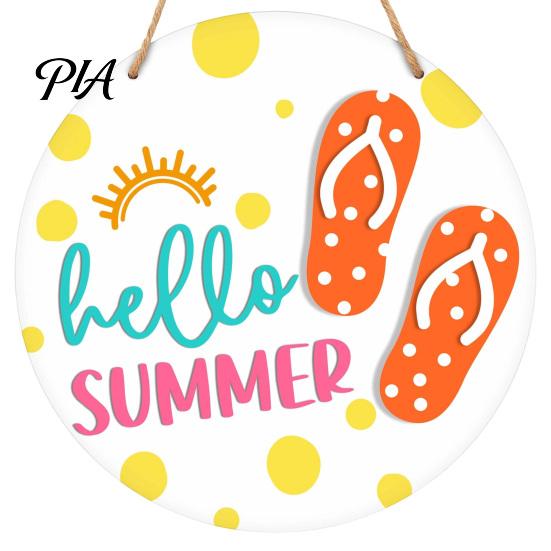 Outdoor Patio Decor Hello Summer Door Sign, Ice Pop Flip Flop Welcome Hanger, Party Decoration Farmhouse Hanging Wooden Wreath for Front Home