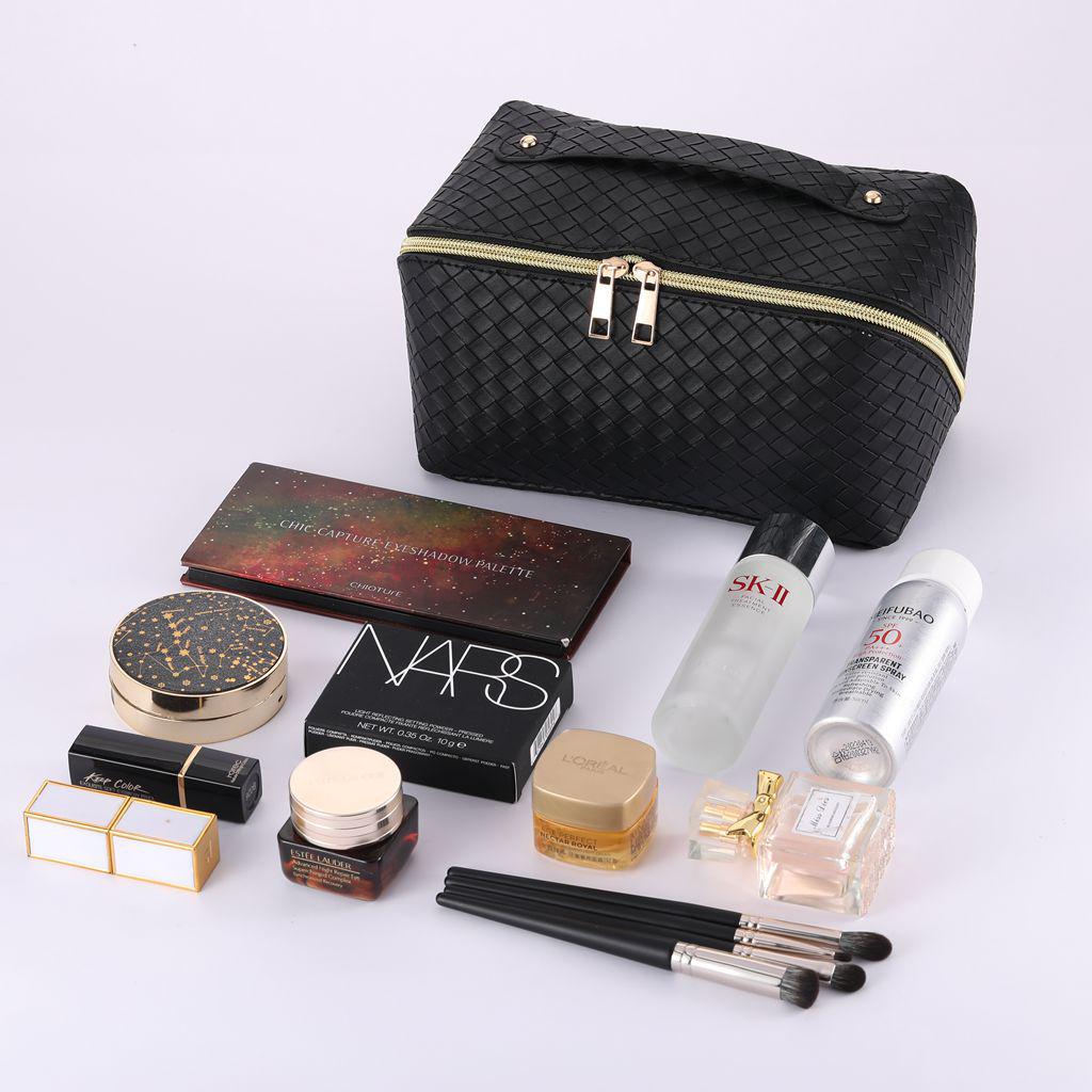 Reise-Make-up- und Toilettenartikeltasche mit gewebter Lederstruktur - Tragbar, Großes Fassungsvermögen, Hochwertiger Organizer