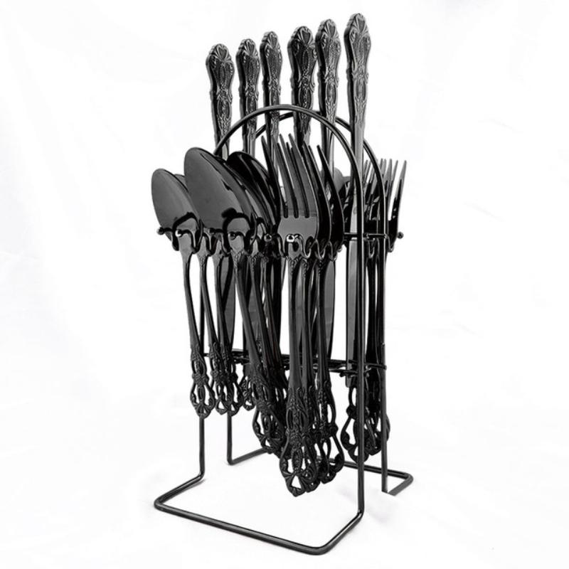 24PCS Vintage Tableware Cutlery Set Dinner Knife Fork Spoon Flatware Set Western Style Luxury Engraving Dinnerware with Rack Set