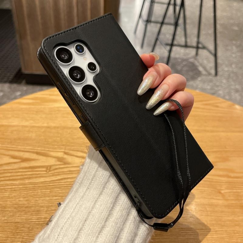 Flip Cover Slot Card Wallet Leather Phone Case For Samsung S25 Ultra S24 S23 S22 Full-Body Protection With Wrist Strap Cover