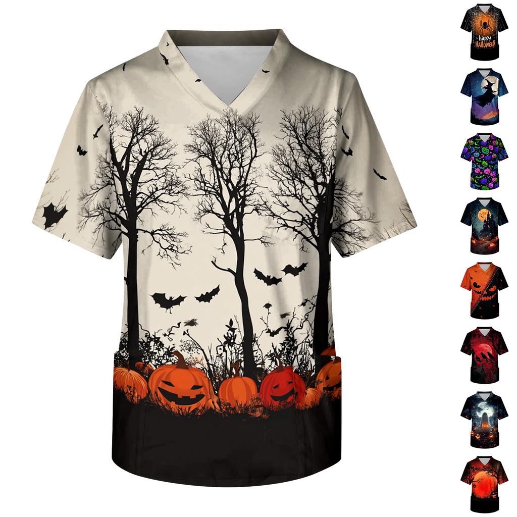 Haut d'uniforme médical à manches courtes et col en V avec imprimé Halloween et poche pour professionnels de la santé