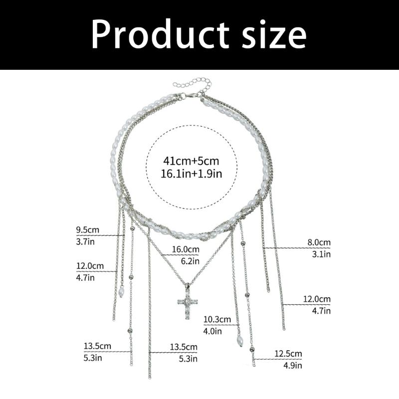 Stylish Faux Pearls Dangle Tassels Necklace Crucifix Pendant Trendy Clavicle Chain Accessory For Casual or Formal Outfits