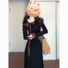 2026 French Design Black Bodycon Dress: Patchwork Bow, Long Sleeve, Slimming Fit for Spring/Autumn Women