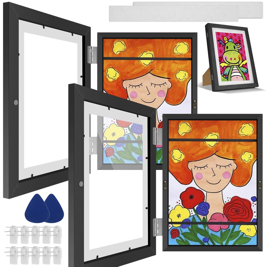 Kids Art Frame Set A4 Front Opening Photo Frames with Stand Wooden Kid Artwork Painting Display Frame for 100 Pictures Organizer