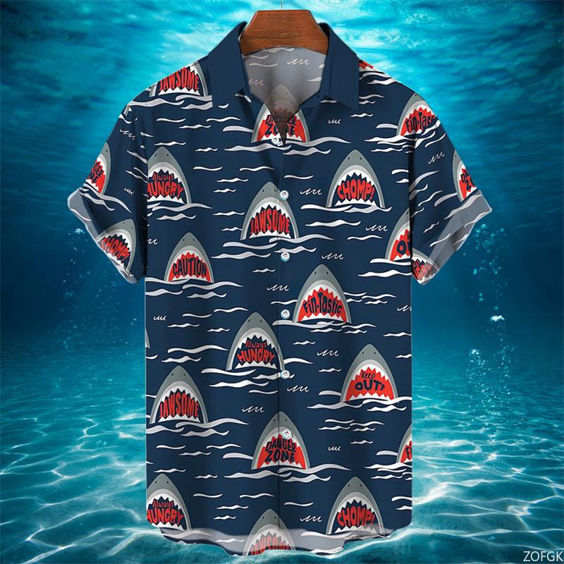 Camicia Hawaiana Uomo Estate Casual Stampa Squalo Animale 3D Moda Manica Corta Mondo Marino Larga Blusa Street Abbigliamento