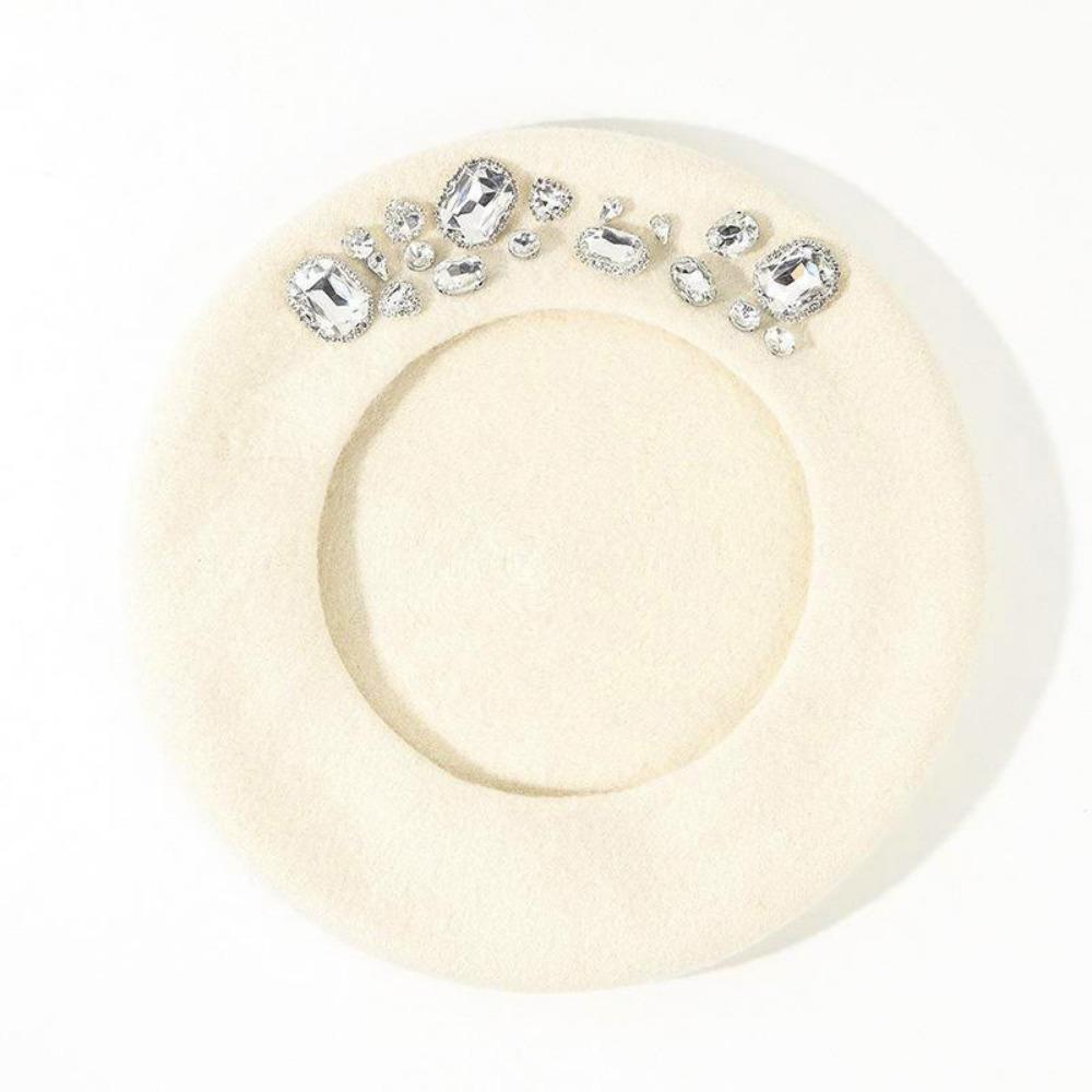 

Wool Painter Hat Rhinestone Artist Cap French Thicken Beret Cap Autumn Winter бежевий