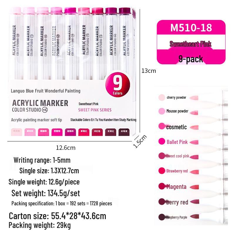 Blue Fruit M510 Soft Head Acrylic Marker Pen Set - 9 Colors for Art, Painting, and Graffiti
