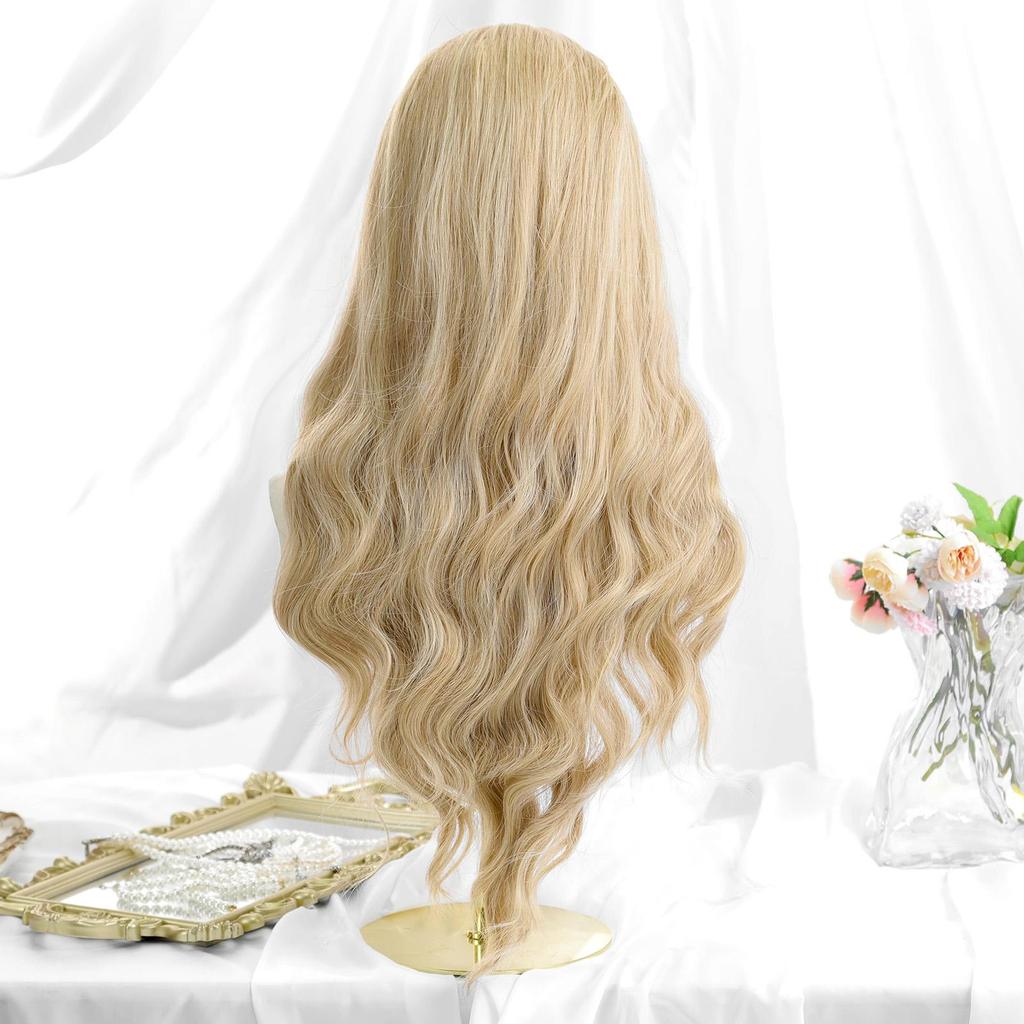 ALAN EATON Lace Front Blonde Ombre Wigs Synthetic Long Straight Wig with Dark Root for Women Daily Cosplay Party Heat Resistant Fiber